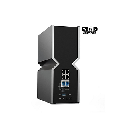 Ein schwarzer Router mit Anschlüssen, USB 3.0 und WiFi 7 Zertifizierung. Die Rückseite zeigt Ports und Knöpfe.