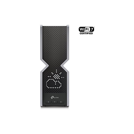 Un appareil Wi-Fi gris avec un motif de grille noir et un affichage météo. En haut à droite : « Wi Fi 7 CERTIFIED ».