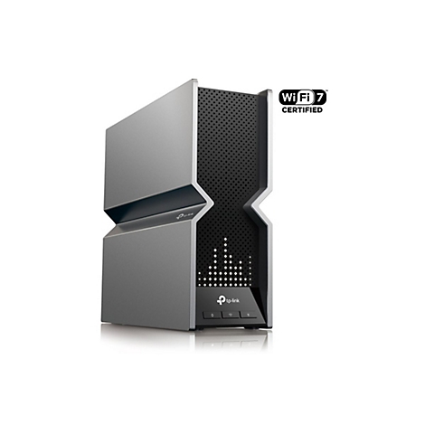 Routeur Wi-Fi gris avec le logo "tp-link" et l'inscription "Wi-Fi 7 Certified".