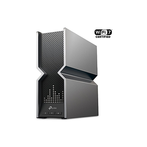 Routeur Wi-Fi gris TP-Link. 'Wi-Fi 7 Certified' est écrit en haut à droite.