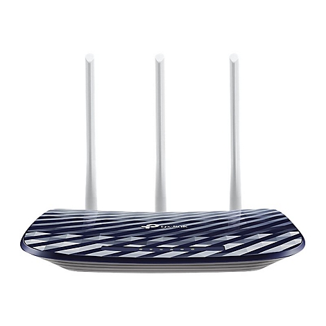 Un routeur Wi-Fi bleu avec trois antennes, un motif géométrique, un logo et des voyants.