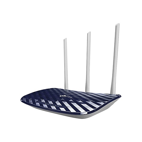 Blau-weißes TP-Link WLAN-Router mit drei Antennen, auf weißem Grund.