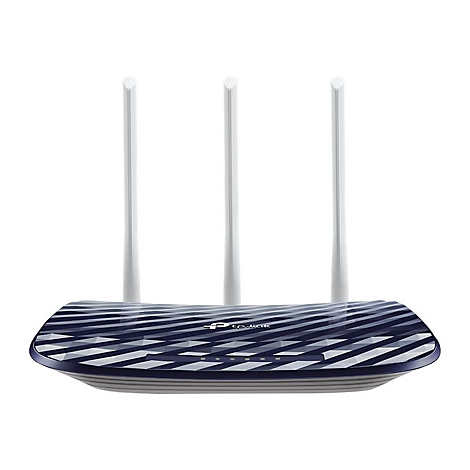 Ein Router mit drei weißen Antennen und einer blau-weiß gemusterten Oberfläche.