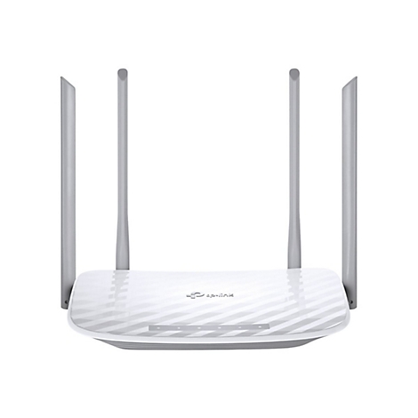 Weißer Router mit vier Antennen. Das tp-link Logo ist mittig angebracht.