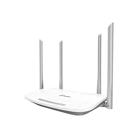 Ein weißer Router mit vier Antennen, die aus dem Gehäuse herausragen. Das Gerät ist vor weißem Hintergrund platziert.