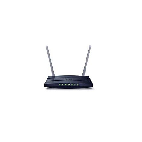 Schwarzer WLAN-Router mit zwei Antennen. Grüne Leuchten auf der Oberseite.