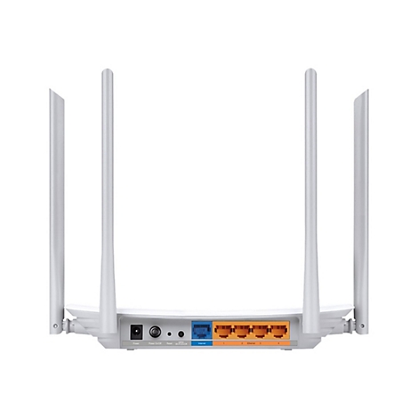 Hellgrauer Router mit vier Antennen, Blick auf die Anschlüsse. Aufschrift: Power, On/Off, Reset, Wifi, Internet, 1, 2, 3, 4, Ethernet.