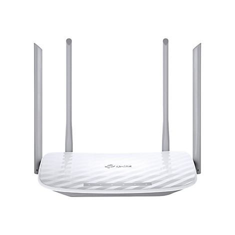 Weißer WLAN-Router mit vier grauen Antennen. TP-Link Logo auf der Oberseite.