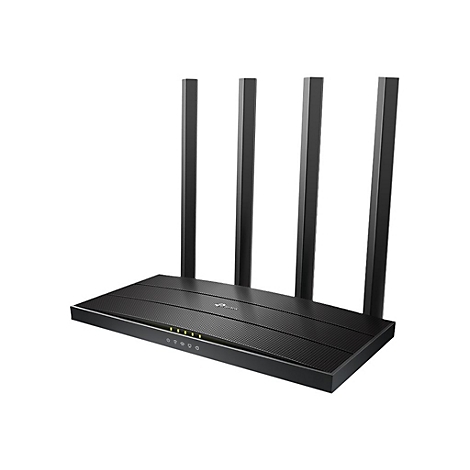 Schwarzer WLAN-Router mit vier Antennen, auf weißem Hintergrund.