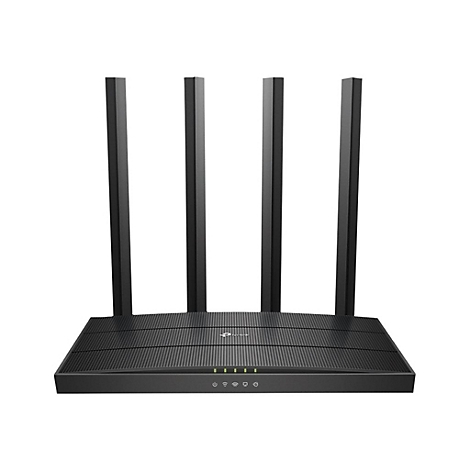 Schwarzer WLAN-Router mit vier Antennen, auf weißem Hintergrund.