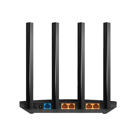Schwarzer WLAN-Router mit vier Antennen. Blaue und gelbe Anschlüsse sind sichtbar. Aufschrift: Power, WAN, LAN1, LAN2, LAN3, LAN4, Reset.