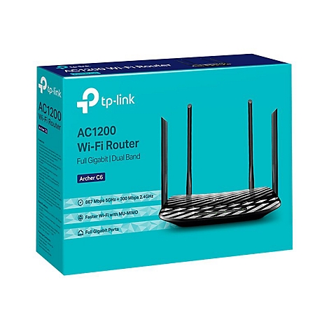 Emballage bleu clair d'un routeur Wi-Fi. Inscription : AC1200 Wi-Fi Router, Archer C6.