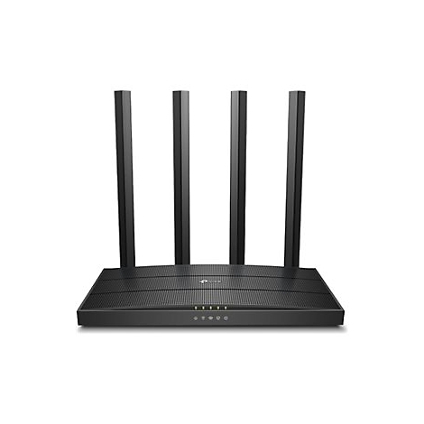 Schwarzer Router mit vier Antennen, auf weißem Hintergrund. An der Front sind Leuchten angebracht.