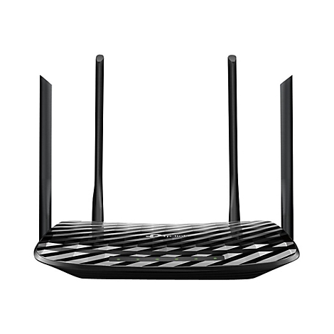 Schwarzer WLAN-Router mit fünf Antennen und Logo. Das Gehäuse ist schwarz mit einem Muster aus weiß-grauen Polygonen.