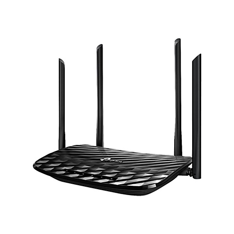 Schwarzer WLAN-Router von TP-Link. Er hat vier Antennen, ein strukturiertes Gehäuse und eine blaue LED-Anzeige.