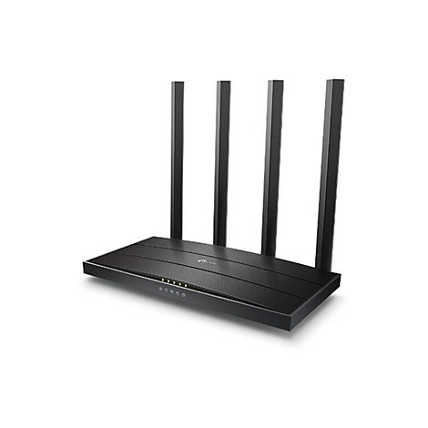 Schwarzer WLAN-Router mit vier Antennen, auf weißem Hintergrund.