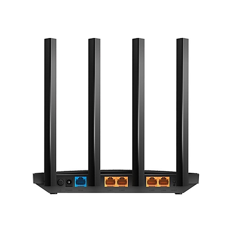 Schwarzer Router, Rückseite, mit vier Antennen und Anschlüssen. Beschriftung: Power, WAN, LAN1, LAN2, LAN3, LAN4, Reset.