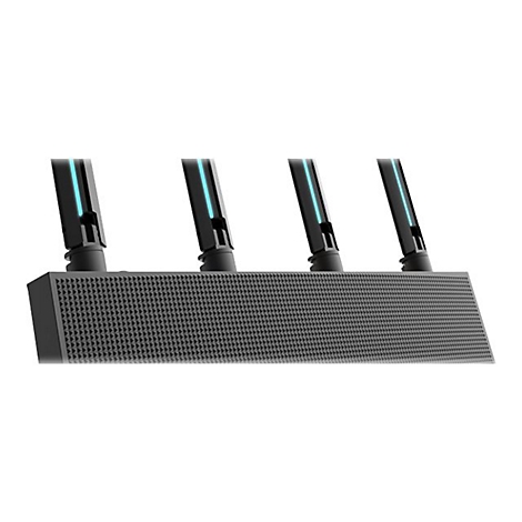 Gros plan d'un routeur noir avec quatre antennes, éclairées d'une lumière bleu clair.