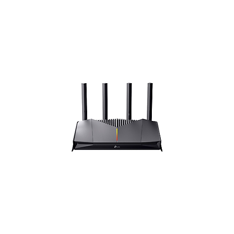 Routeur noir avec quatre antennes, bande lumineuse, logo TP-Link.
