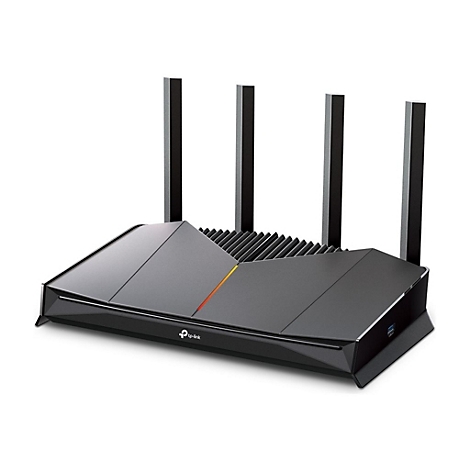 Schwarzer WLAN-Router mit vier Antennen. Das Logo von tp-link ist zu sehen.