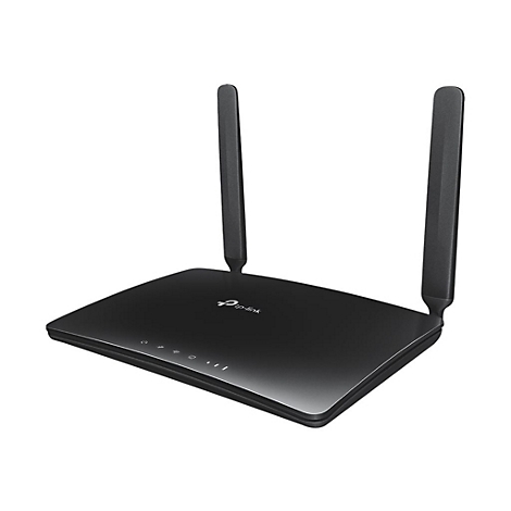 Schwarzer WLAN-Router mit zwei Antennen. Das Logo von TP-Link ist sichtbar.