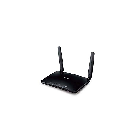 Schwarzer Router mit zwei Antennen. Auf der Vorderseite sind kleine Kontrollleuchten zu sehen, darunter der Schriftzug TP-Link.