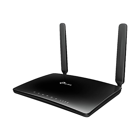 Schwarzer WLAN-Router mit zwei Antennen. Unten befindet sich eine Reihe von Leuchten und der Schriftzug "TP-Link".