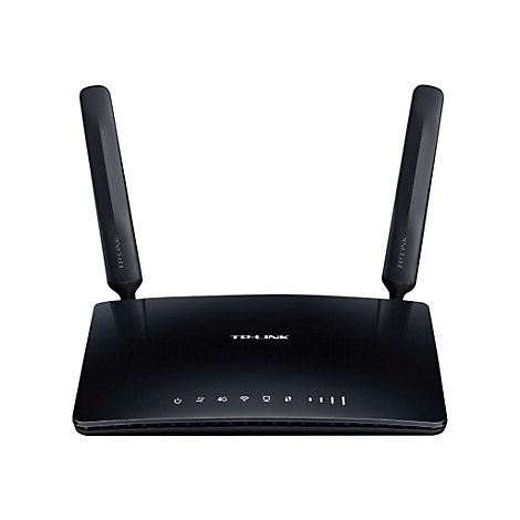 Schwarzer Router mit zwei Antennen. Aufschrift: TP-Link.