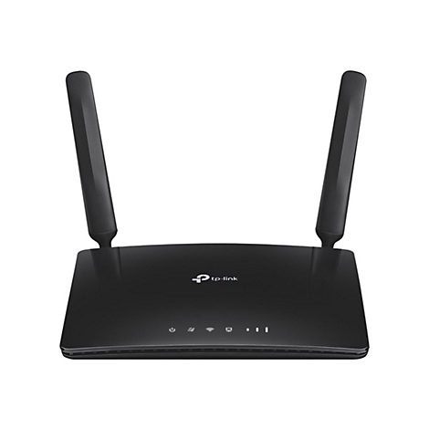 Schwarzer WLAN-Router mit zwei Antennen. Auf dem Gerät befindet sich das TP-Link-Logo sowie Funktionsanzeigen.
