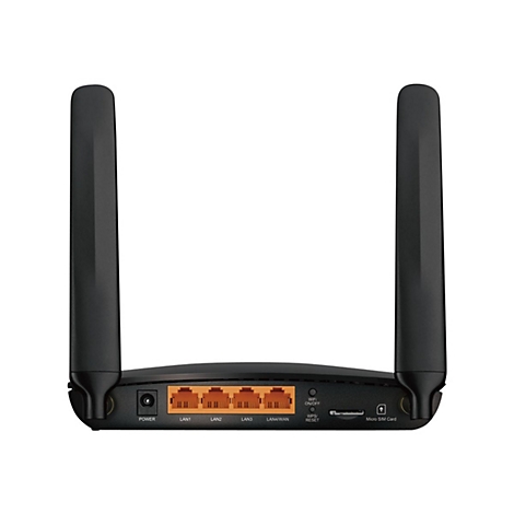 Routeur WiFi noir avec deux antennes. Le bas comporte des ports et des étiquettes : Power, LAN1-4, WiFi, WPS, Reset et Micro SIM.