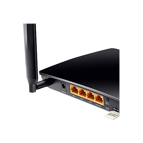 Gros plan d'un routeur noir avec des ports, une antenne et une fente pour carte SIM. Étiquettes : LAN1, LAN2, LAN3, LAN WAN, SIM.