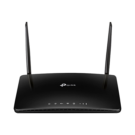 Routeur Wi-Fi noir avec deux antennes, logo tp-link.