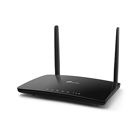 Schwarzer WLAN-Router mit zwei Antennen. Oben Logo "tp-link". LEDs und Tasten an der Front.