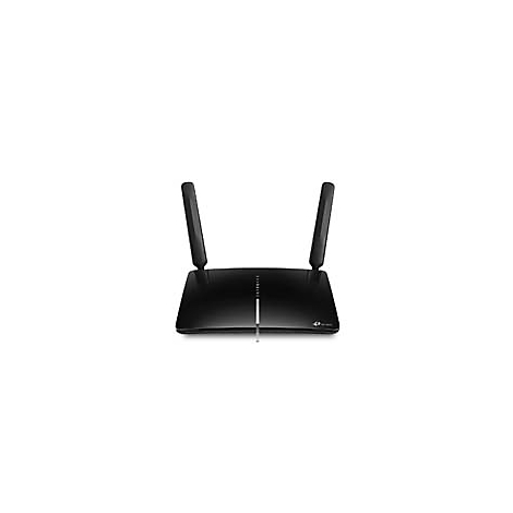Schwarzer WLAN-Router mit zwei Antennen auf weißem Hintergrund.