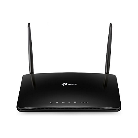 Schwarzer WLAN-Router mit zwei Antennen. Oben links und rechts, leicht schräg, angebracht. Auf der Oberseite befinden sich Kontrollleuchten.