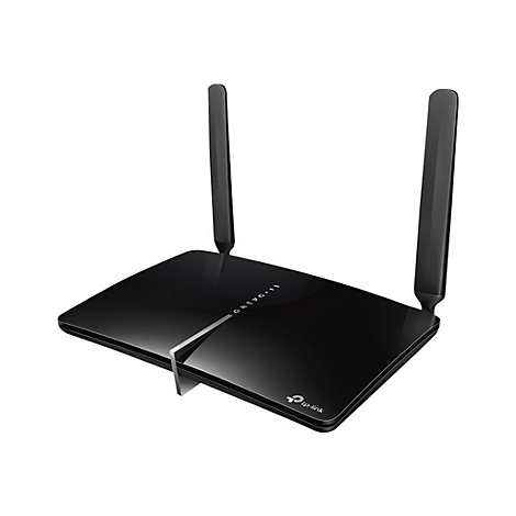 Schwarzer Router mit zwei Antennen. Logo von TP-Link.