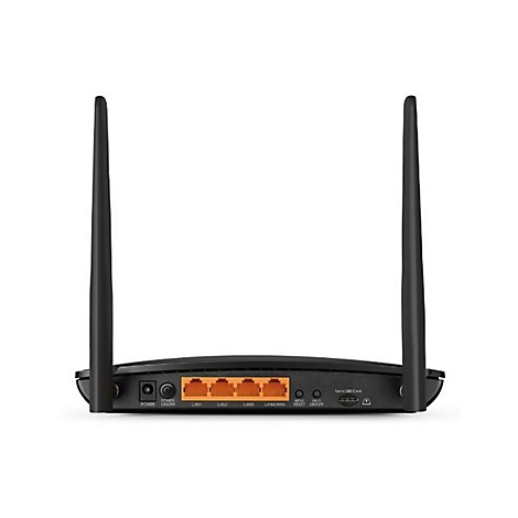 Schwarzer Router mit zwei Antennen. Die Rückseite zeigt Ports und Anschlüsse.