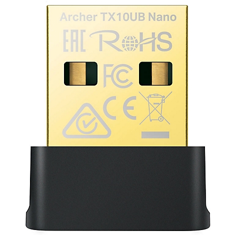 Nahaufnahme eines goldenen USB-Adapters mit schwarzem Gehäuse. Aufschrift: Archer TX10UB Nano, EAC RoHS, FC, CE.