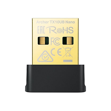 Un adaptateur WiFi USB doré avec un boîtier noir. Étiqueté avec "Archer TX10UB Nano", logos et certifications.