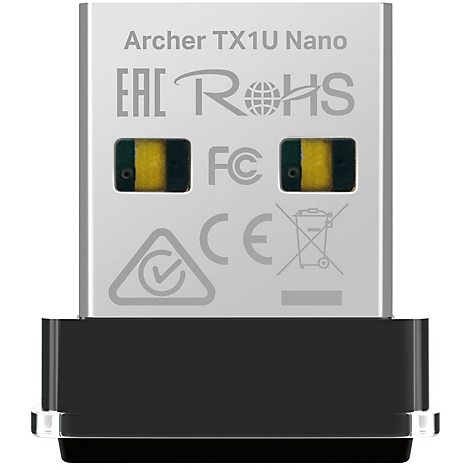 Adaptateur USB argenté avec boîtier noir. Inscriptions : Archer TX1U Nano, EAC, RoHS, FC, CE.