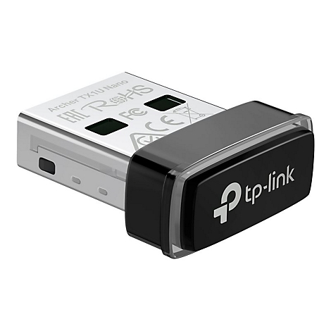 Un adaptateur Wi-Fi TP-Link noir avec un connecteur USB argenté. L'adaptateur porte le logo TP-Link et l'inscription Archer TX1U Nano.