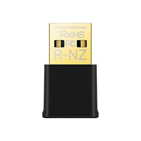 Ein schwarzer USB-Adapter mit goldenem Teil, auf dem „Archer TX20U Nano“ und Symbole stehen.