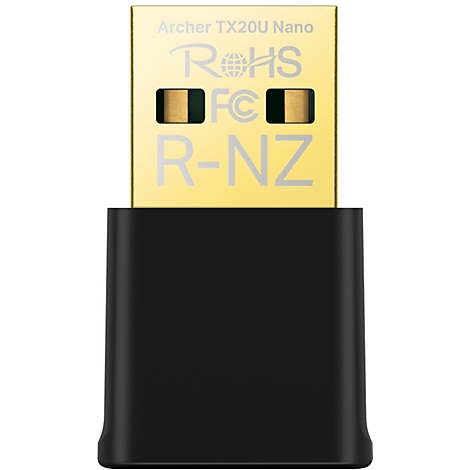 Ein USB-WLAN-Adapter mit goldfarbenem Anschluss und schwarzem Gehäuse. Auf der Oberfläche stehen Schriftzüge: Archer TX20U Nano, RoHS, FC, R-NZ.