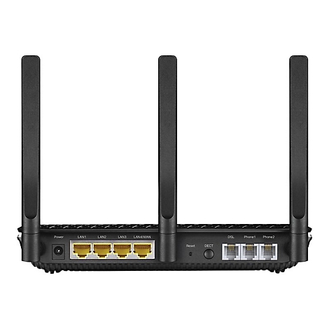 Schwarzer Router mit vier Antennen, LAN-, DSL- und Telefonanschlüssen. Beschriftungen: Power, LAN1-4, DSL, Phone1/2.