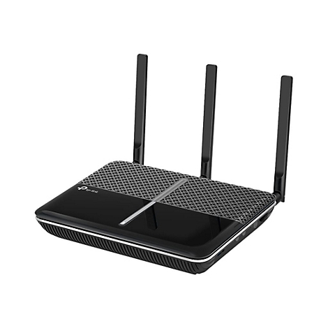 Schwarzer WLAN-Router mit drei Antennen, oben graues Muster, vorne Logo.