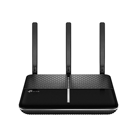 Schwarzer WLAN-Router mit drei Antennen, Logo tp-link, grau-silberfarbener Rahmen.