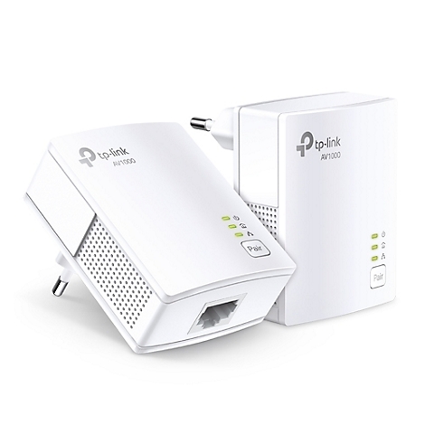 Deux adaptateurs CPL TP-Link AV1000 blancs. Les deux appareils sont visibles en détail, avec le logo, 'AV1000' et diverses lumières.