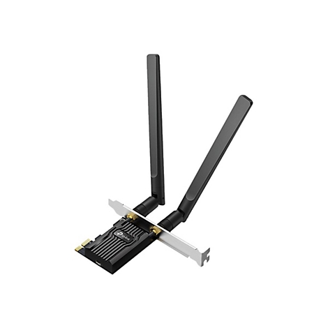 WLAN-Karte von TP-Link. Schwarz mit zwei Antennen. Produktansicht auf weißem Hintergrund.