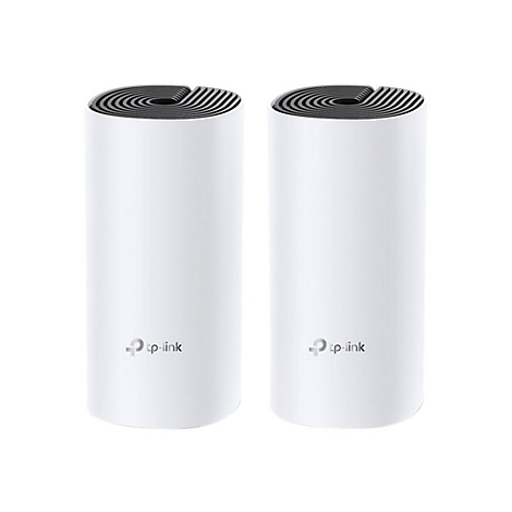 Deux appareils cylindriques blancs avec des dessus noirs rainurÃ©s. Logo tp-link en bas.