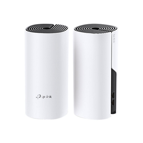 Deux routeurs TP-Link cylindriques blancs. Le dessus a des cercles concentriques noirs. Un routeur a des ports.